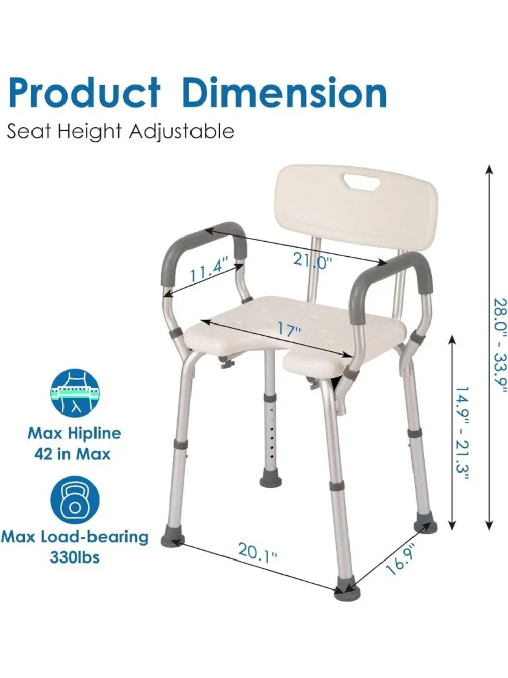 Heavy Duty Shower Chair with Arms & Back, 330lbs Capacity, Tool-Free Assembly